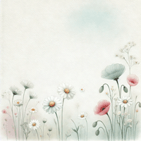 Minimal watercolor of two wildflowers, a daisy and a poppy, with soft pastel colors