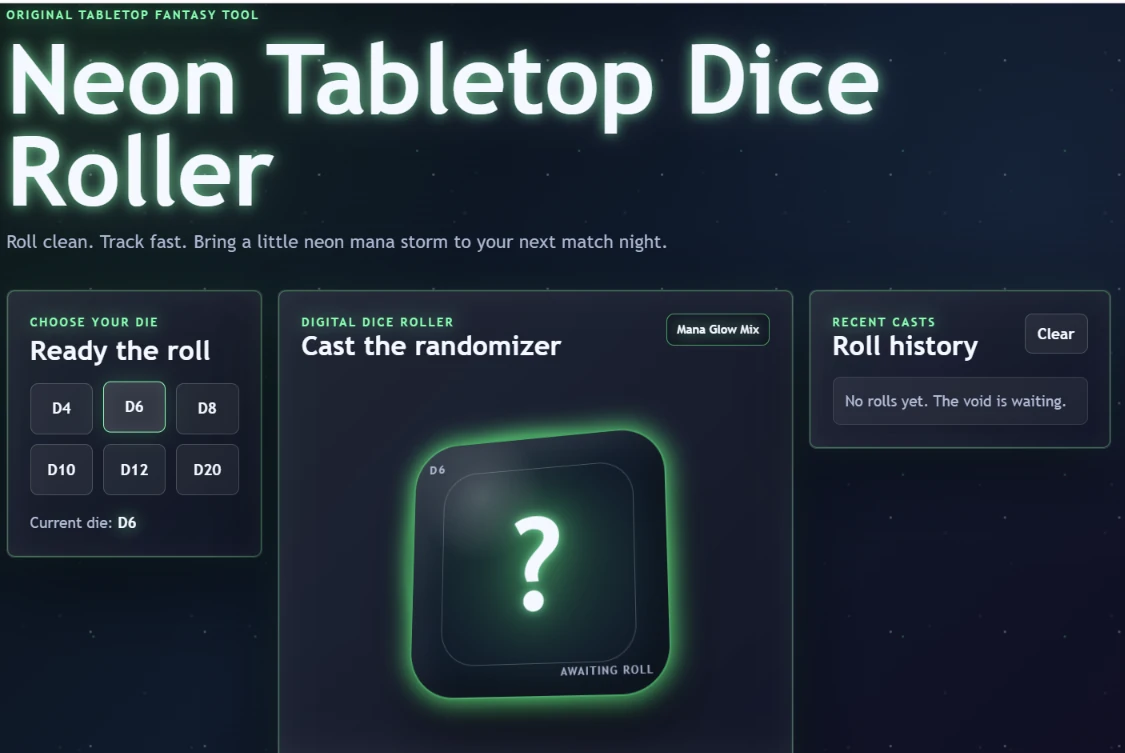 Virtual dice roller interface showing dice results and accessible roll controls.