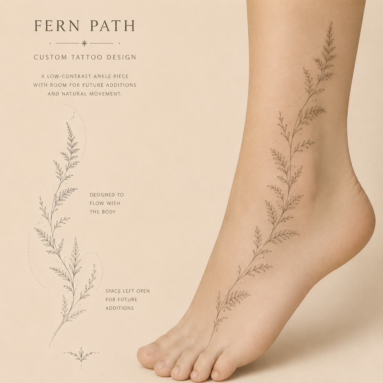 Fine line fern tattoo concept designed for ankle placement