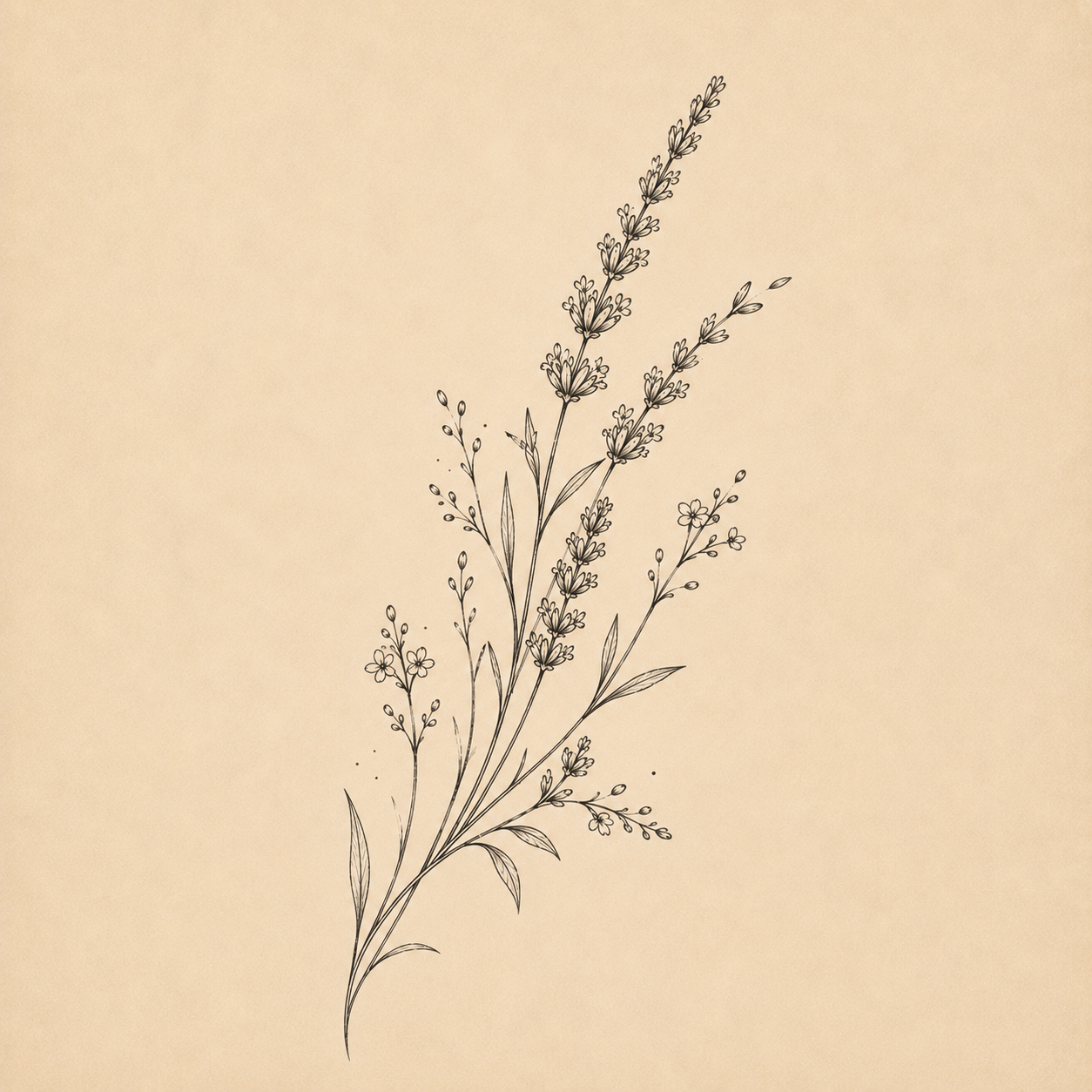 Fine line lavender sprig tattoo concept on a warm paper background