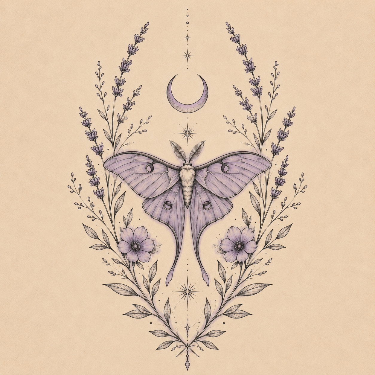 Illustrative moth and moon tattoo concept with muted lavender shading
