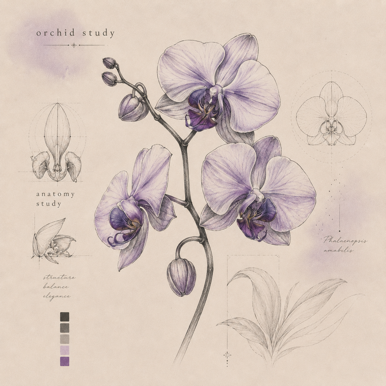Illustrative orchid tattoo concept with charcoal and lavender details